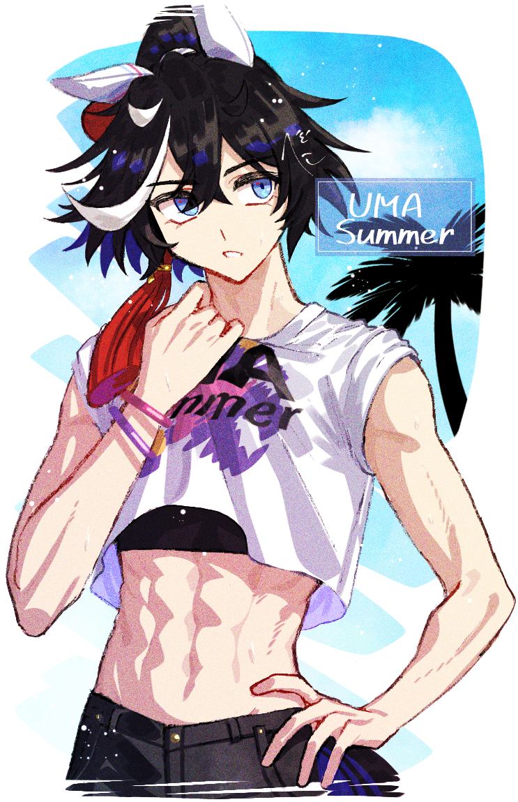 1girl, abs, animal_ears, black_hair, black_pants, blue_eyes, commentary_request, ear_covers