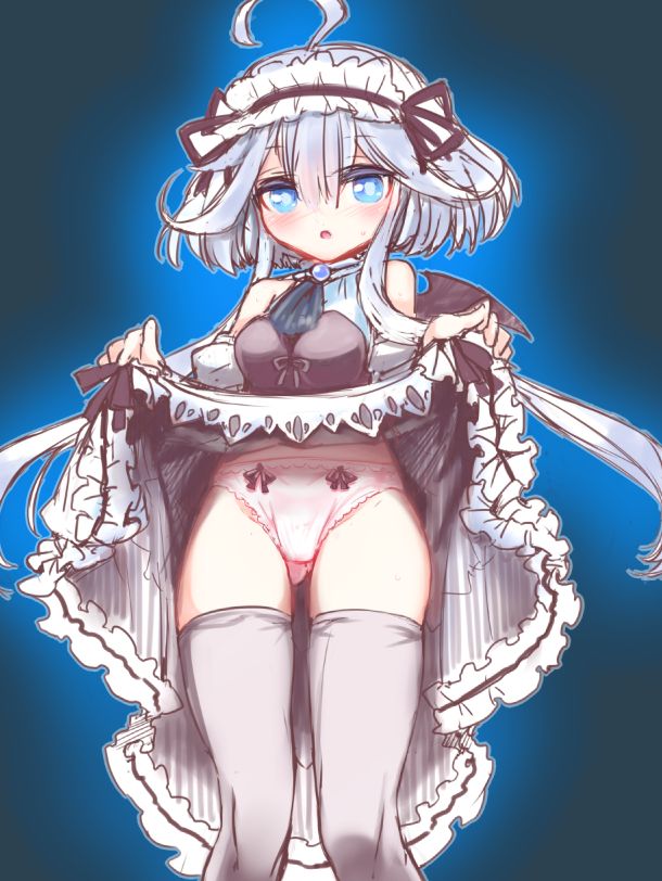 ahoge, ajitarou_(setsu), bare_shoulders, black_ribbon, black_thighhighs, blue_eyes, blue_necktie, blush