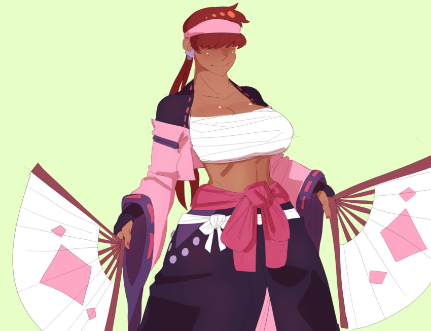 1girl, 1shermieaday, breasts, cleavage, cosplay, costume, dark-skinned_female, dark_skin, dress, earrings, female_focus, gloves, guilty_gear, hairband, hand_fan, heart, jacket, japanese_clothes, jewelry, large_breasts, long_hair, mito_anji_(cosplay), open_clothes, ponytail, red_hair, shermie_(kof), smile, smiley_face, standing, tan, the_king_of_fighters, twintails