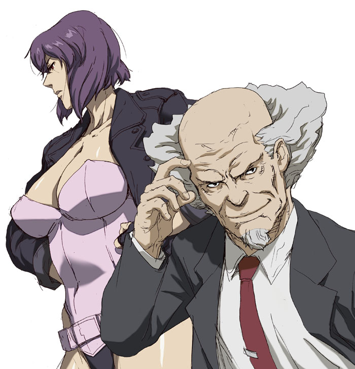1boy, 1girl, aramaki_daisuke, bald, beard, black_eyes, breasts, cleavage