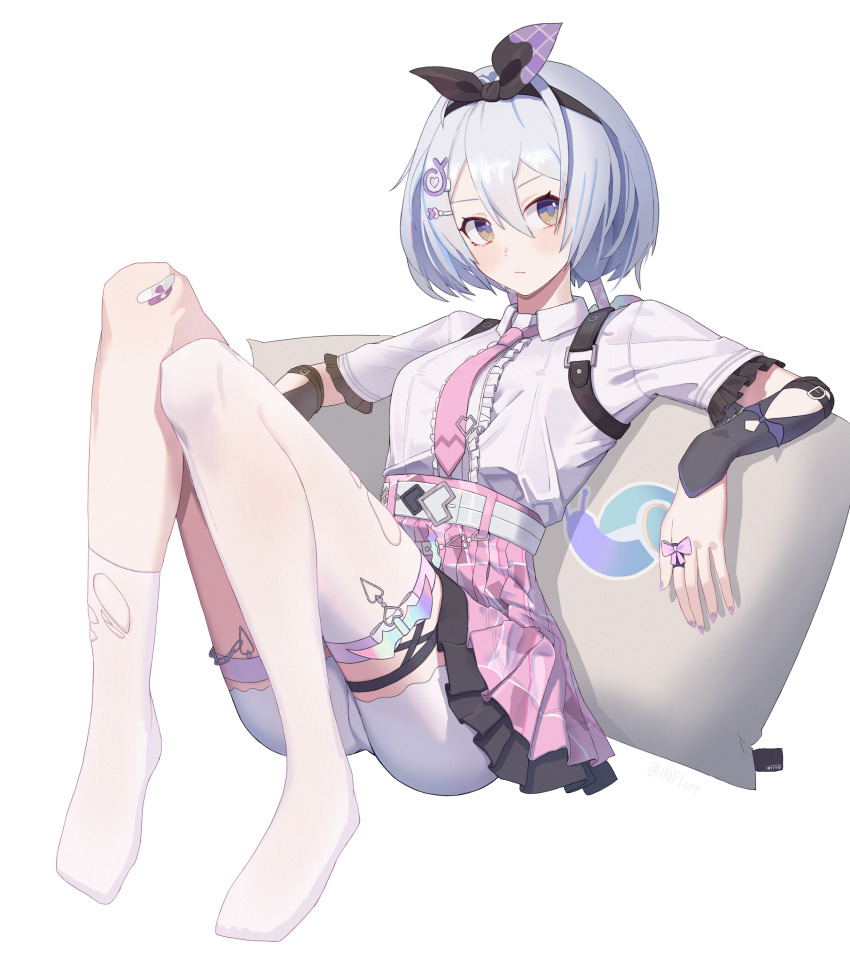 1girl, absurdres, black_hairband, blue_hair, blush, bow_hairband, closed_mouth, collared_shirt