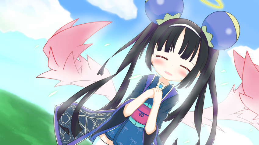 1girl, black_hair, blue_kimono, blush, emil_chronicle_online, hair_ornament, hairband, halo