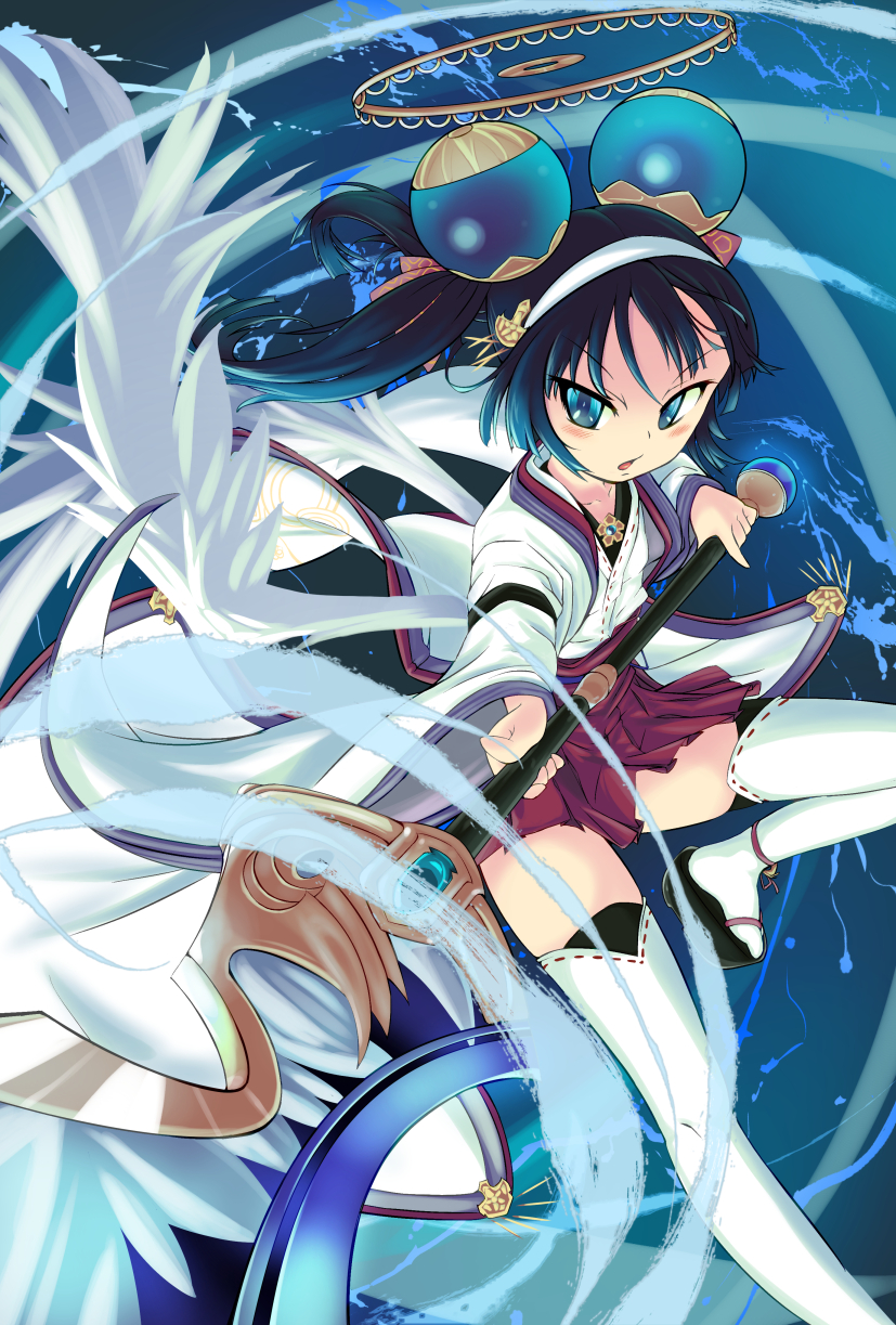 1girl, black_hair, blue_eyes, emil_chronicle_online, geta, hair_ornament, hairband, highres