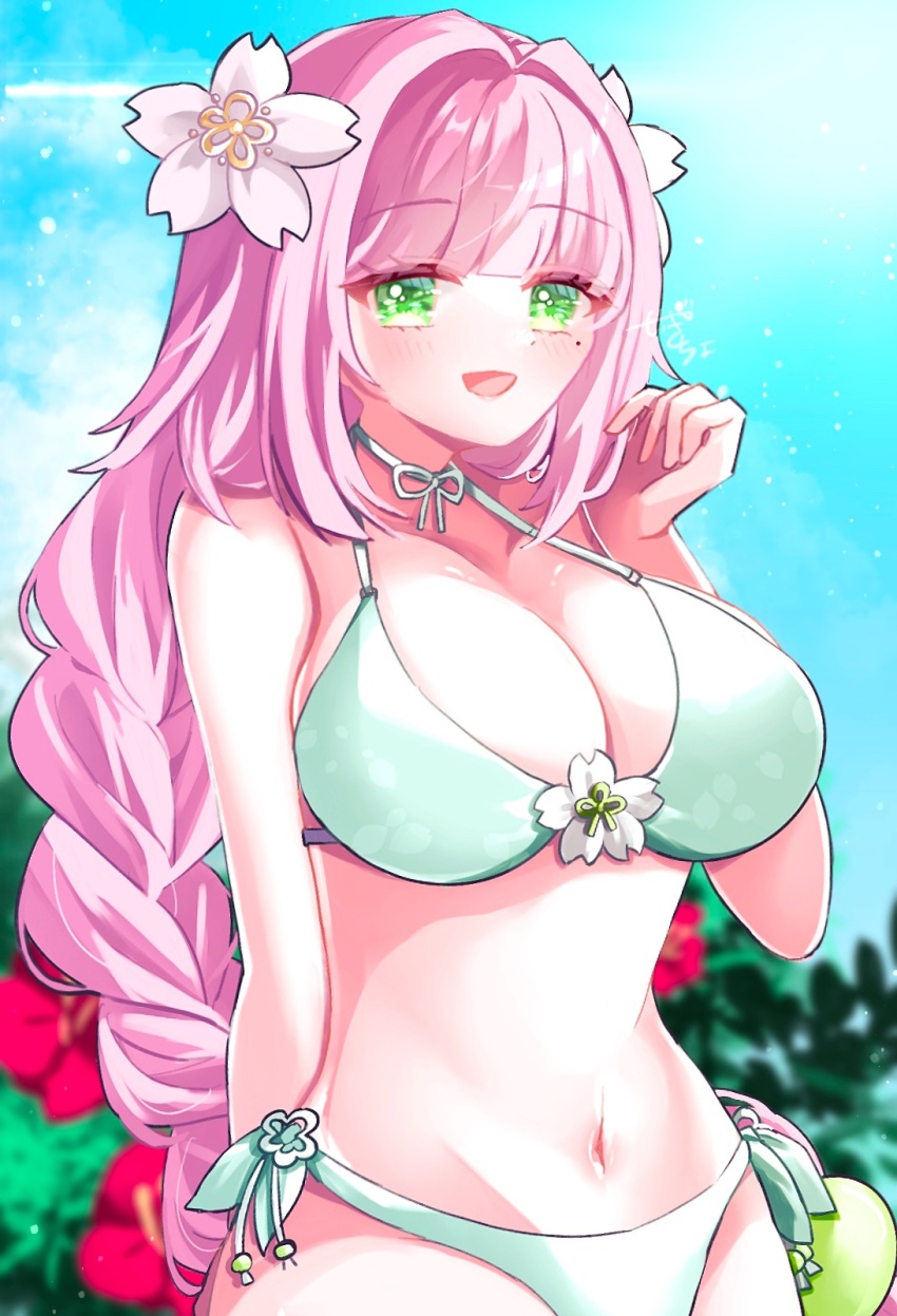 1girl, bikini, braid, breasts, cleavage, flower, green_eyes, hair_flower