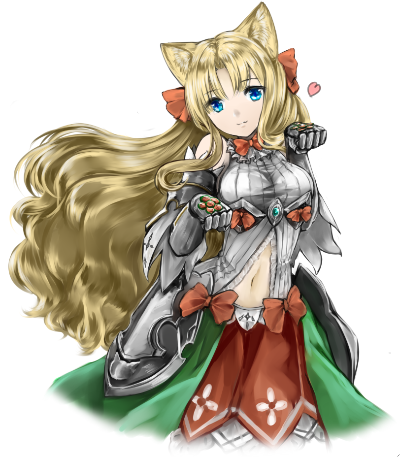 armor, armored_gloves, bare_shoulders, blonde_hair, blue_eyes, breastplate, emil_chronicle_online, green_skirt