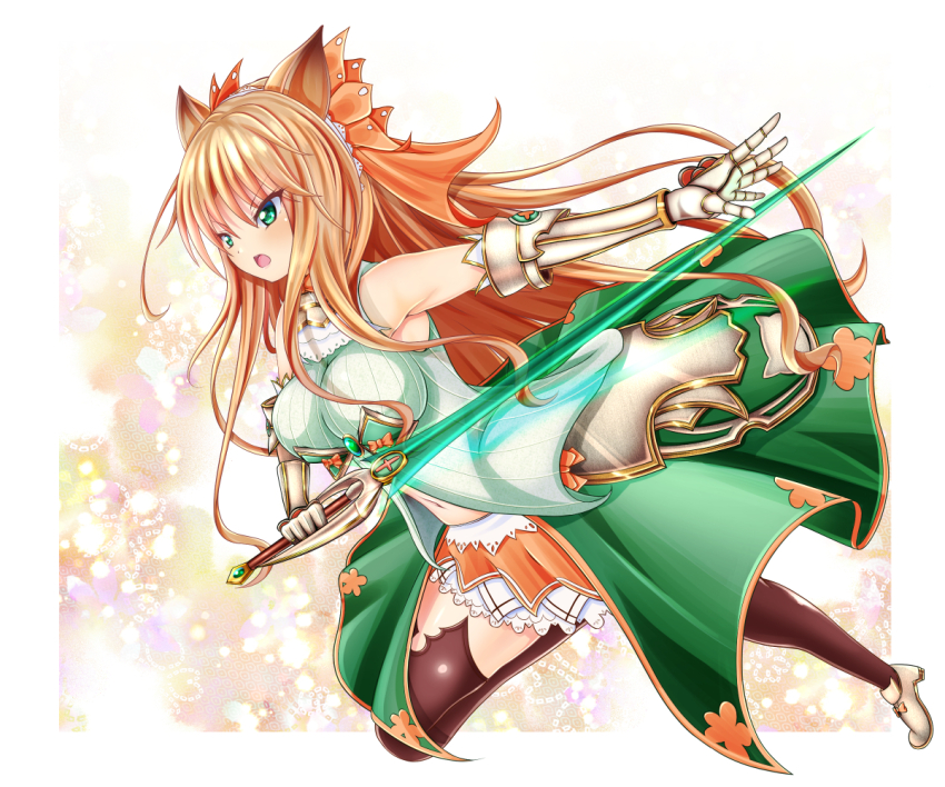 1girl, aneten, animal_ears, armor, armored_gloves, armored_skirt, bare_shoulders, black_thighhighs