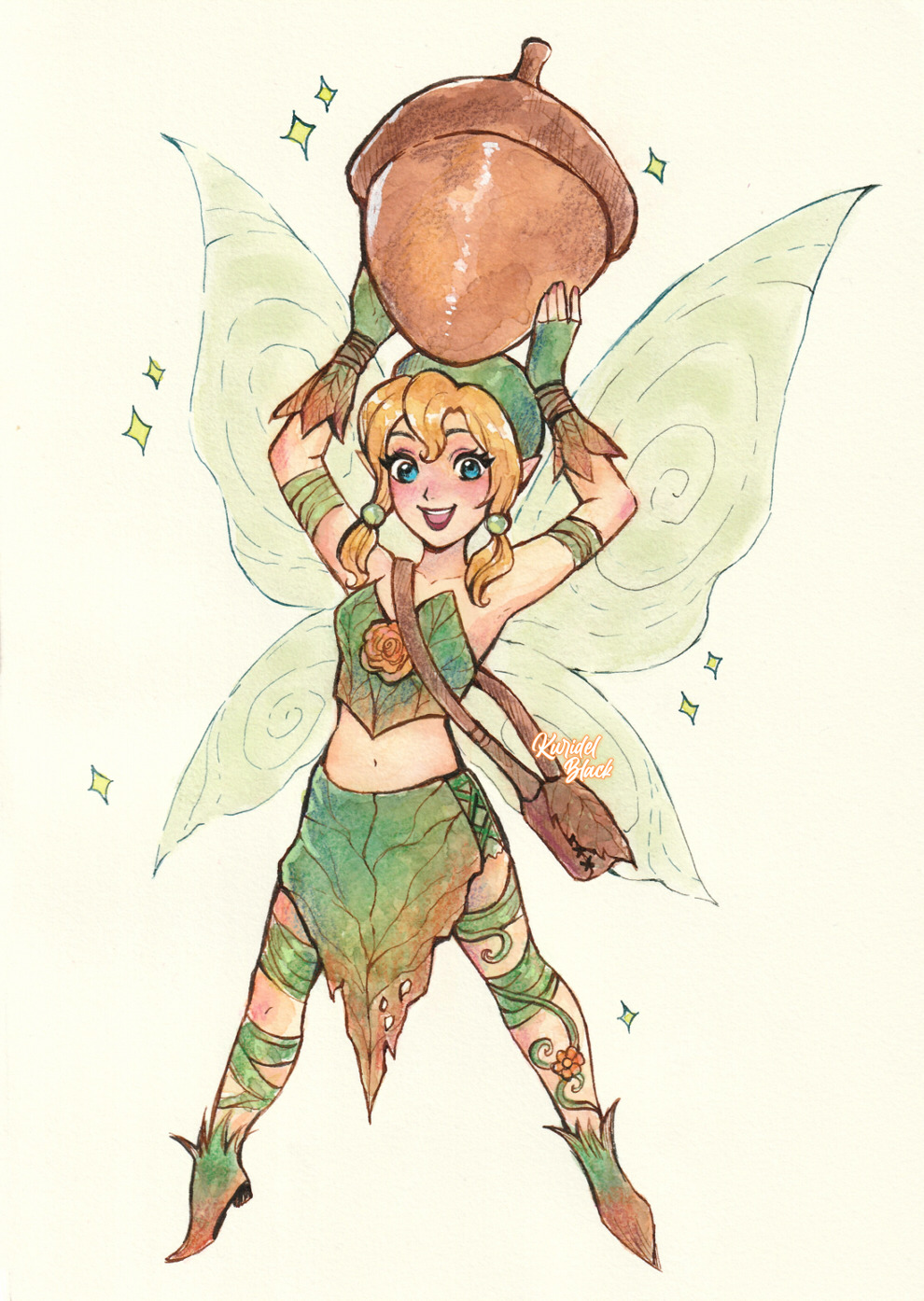 1girl, beck_(disney_fairies), blonde_hair, blush, disney_fairies, disney_fairies_(book_series), fairy, fairy_wings, flower, hat, highres, kuridel, long_hair, mini_person, minigirl, open_mouth, oversized_object, plant_clothing, pointy_ears, skirt, smile, solo, traditional_media, wings