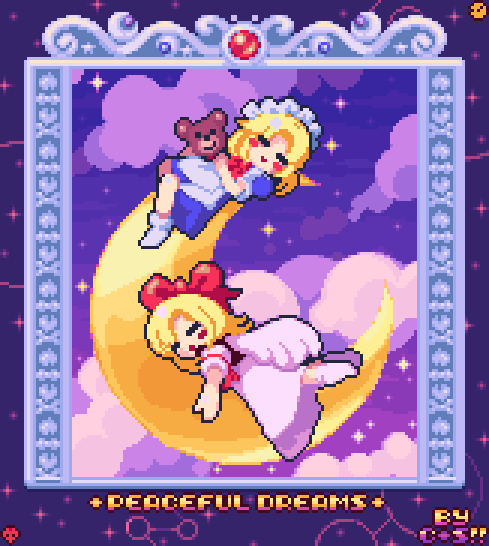 angel_wings, apron, artist_name, blonde_hair, blue_dress, blush, bow, bowtie