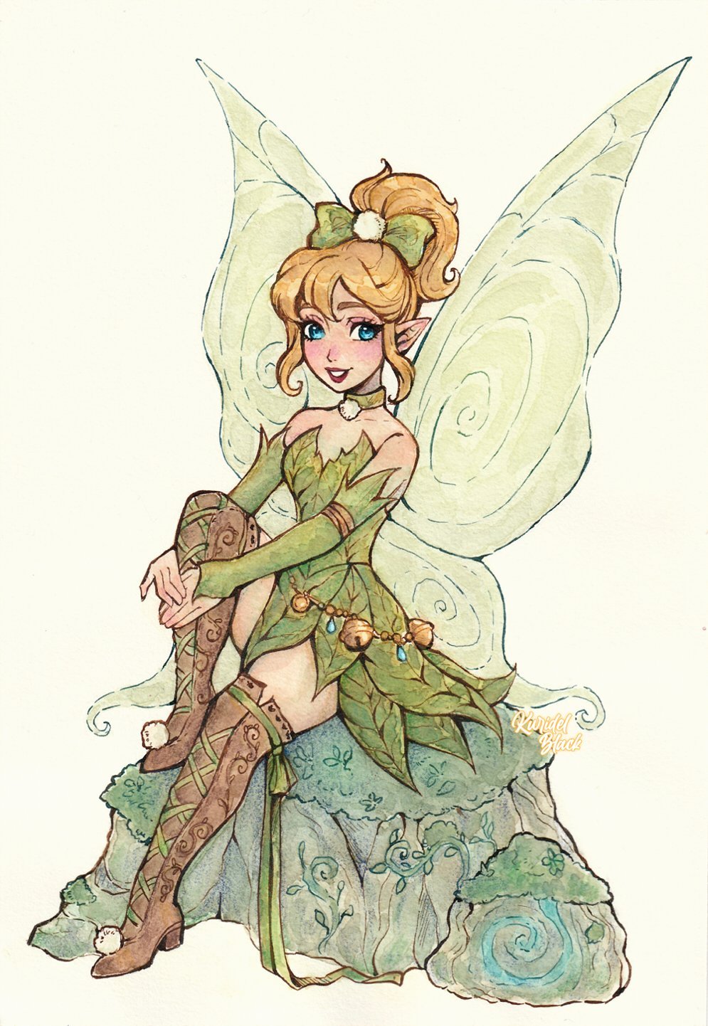 1girl, blonde_hair, blue_eyes, disney_fairies, disney_fairies_(movie_series), dress, fairy, fairy_wings, green_dress, highres, kuridel, ponytail, simple_background, smile, solo, tinker_bell_(disney), traditional_media, wings