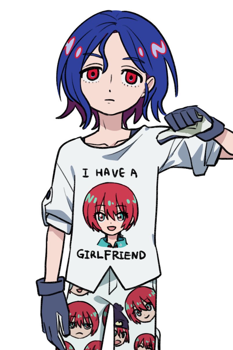 1boy, amate_yuzuriha, aqua_eyes, blue_hair, colored_inner_hair, cowboy_shot, english_text, gloves, gundam, gundam_gquuuuuux, highres, hixyon, looking_at_viewer, male_focus, multicolored_hair, pointing, pointing_at_self, print_shirt, purple_hair, red_eyes, red_hair, shirt, short_hair, shuji_ito, simple_background, solo, two-tone_hair, white_background, white_shirt