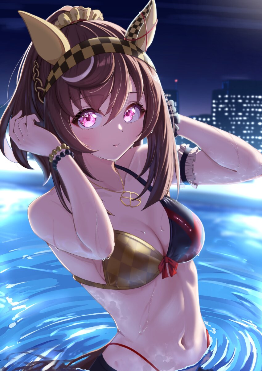 1girl, absurdres, alternate_costume, animal_ears, bikini, braid, breasts, brown_hair