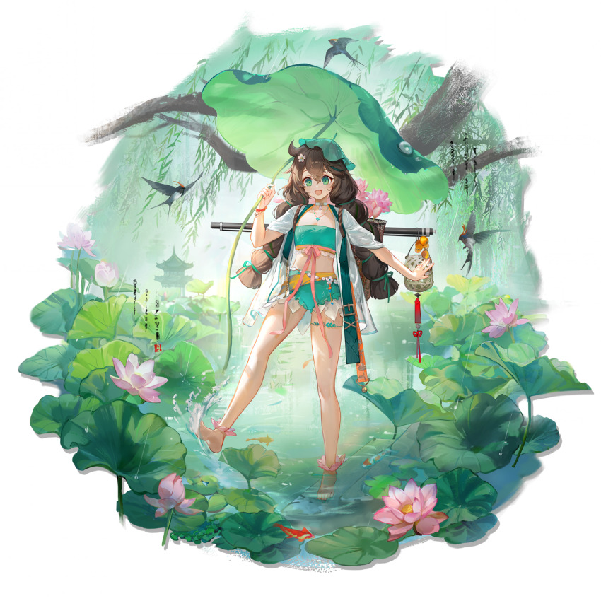 1girl, :d, ankle_flower, arknights, backpack_basket, bare_legs, bead_bracelet, beads