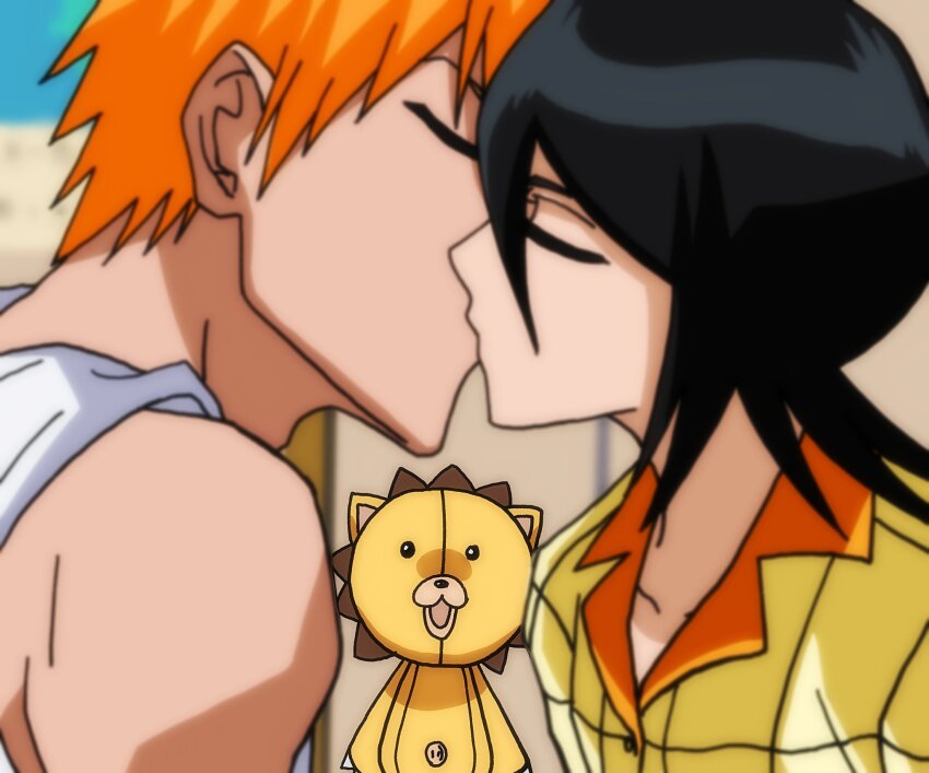 1boy, 1girl, black_hair, bleach, closed_eyes, highres, kiss, kon_(bleach), kuchiki_rukia, kurosaki_ichigo, orange_hair, pajamas, sentient_stuffed_toy, spiked_hair, star_(zhongyan88528), striped_clothes, striped_pajamas, stuffed_animal, stuffed_lion, stuffed_toy, tank_top, upper_body, white_tank_top