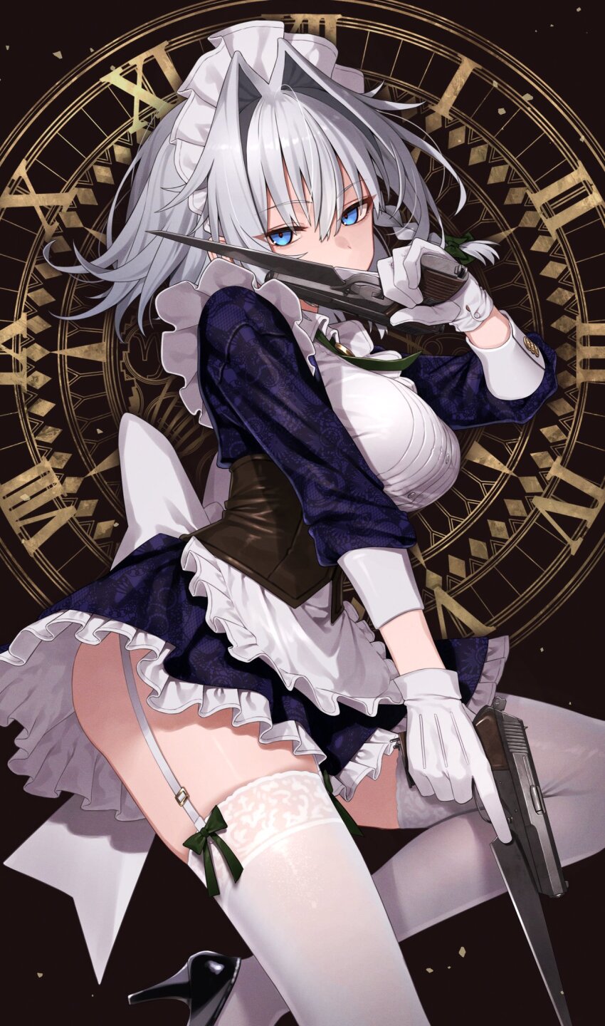 1girl, apron, back_bow, bayonet, black_bow, black_shoes, blue_eyes, bow, breasts, brown_background, brown_corset, clock, commentary, corset, cowboy_shot, cz_52, dual_wielding, gloves, green_bow, greenkohgen, grey_hair, gun, hair_bow, hair_intakes, hand_up, handgun, high_heels, highres, holding, holding_gun, holding_weapon, izayoi_sakuya, large_breasts, long_sleeves, looking_at_viewer, maid_headdress, medium_hair, shoes, solo, standing, standing_on_one_leg, thigh_strap, thighhighs, thighs, touhou, trigger_discipline, waist_apron, weapon, white_apron, white_gloves, white_thighhighs
