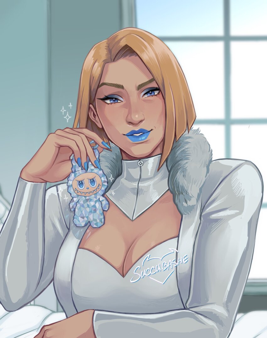 1girl, artist_name, blonde_hair, blue_eyes, blue_lips, breasts, cleavage, emma_frost