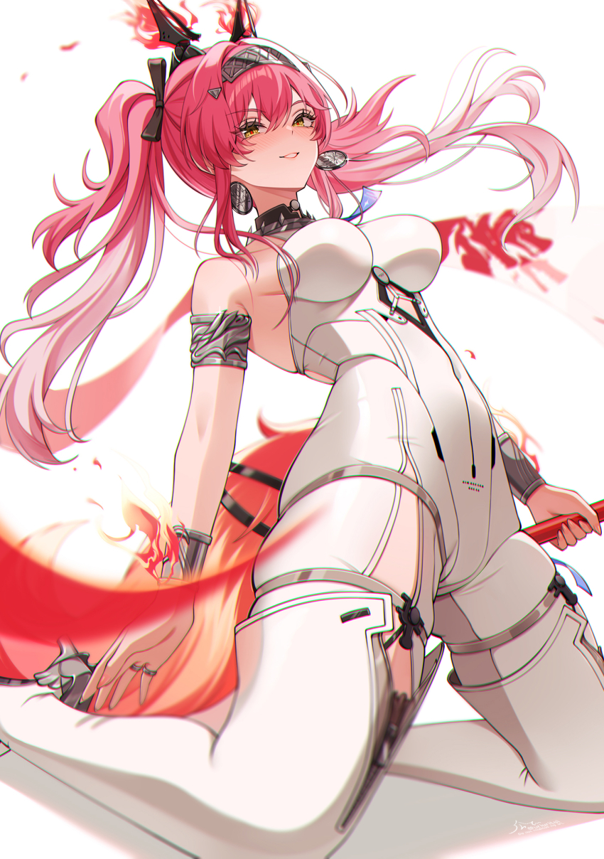 1girl, armlet, bare_shoulders, black_bow, blush, bodysuit, boots, bow