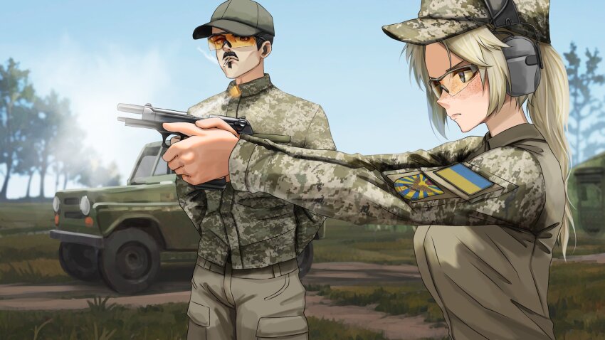 1boy, 1girl, aiming, ammunition, arm_behind_back, army, baseball_cap, beretta_92, blonde_hair, blue_eyes, blue_sky, breasts, bullet, camouflage, camouflaged_object, car, casing_ejection, commission, dgkamikaze, ear_protection, face_shield, firing, freckles, from_side, grass, gun, handgun, handgun_cartridge, hat, highres, holding, holding_gun, holding_weapon, jacket, lips, long_hair, long_sleeves, looking_at_another, looking_to_the_side, messy_hair, military, military_fatigues, military_hat, military_jeep, military_patch, military_uniform, military_vehicle, mm14, motor_vehicle, muzzle_flash, olena_bozhuk, original, outdoors, parted_bangs, parted_lips, reloading, russo-ukrainian_war, scenery, second-party_source, shell, shell_casing, sky, smoke, smoking, smoking_barrel, soldier, tree, ukraine, ukrainian_air_force, ukrainian_flag, war, weapon