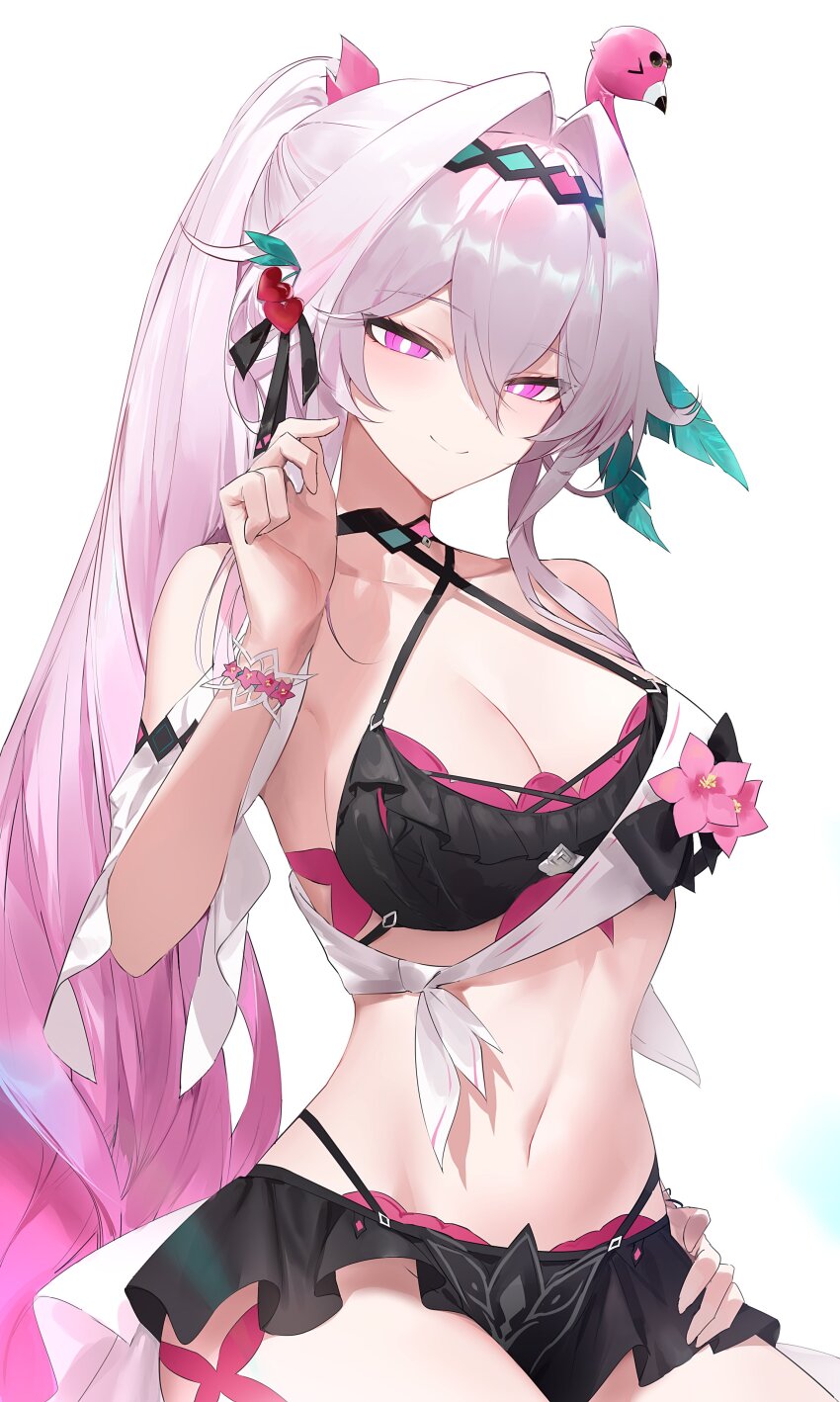 1girl, absurdres, baiser3rd, bikini, bikini_skirt, breasts, cleavage, grey_hair