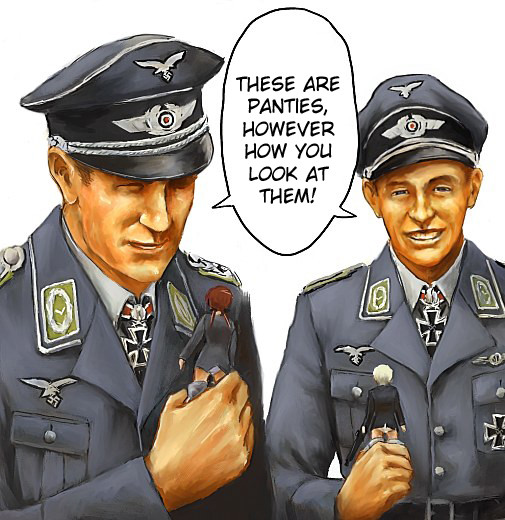 bad_id, cross, derivative_work, erica_hartmann, erich_hartmann, figure, gerhard_barkhorn, gertrud_barkhorn, hard-translated, hat, iron_cross, male_focus, military, military_uniform, naga_hana, nazi, peaked_cap, strike_witches, they're_not_panties, third-party_edit, translated, world_war_ii, world_witches_series