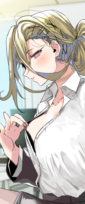 1girl, blonde_hair, blush, breasts, clothes_pull, collarbone, collared_shirt, commentary_request