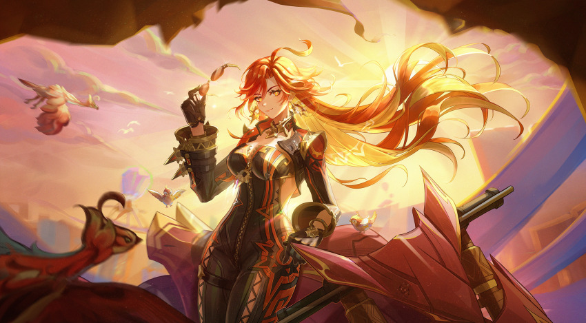 1girl, ahoge, biker_clothes, bikesuit, bird, black_bodysuit, black_gloves, blonde_hair