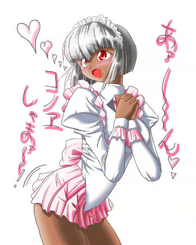 00s, 1girl, blush, dark-skinned_female, dark_skin, dress, female_focus, hanaukyou_maid_tai, hirorin, lowres, red_eyes, sanae_yashima, short_dress, short_hair, silver_hair, simple_background, smile, solo, translated, white_background