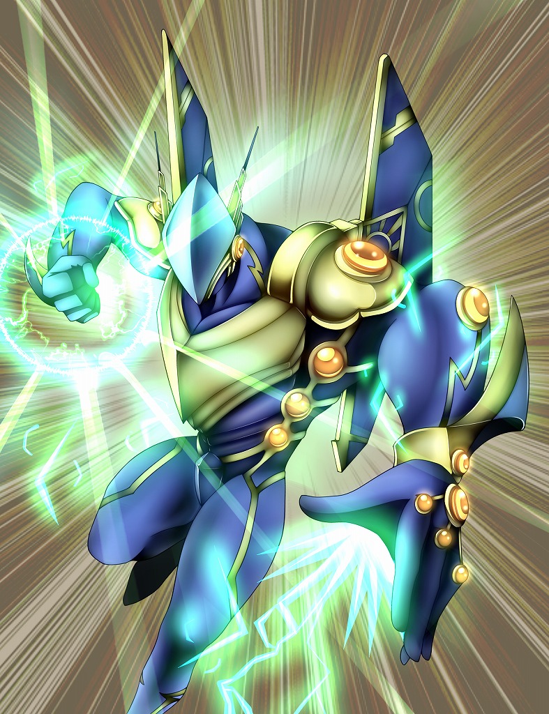 1girl, armor, clenched_hand, cuirass, duel_monster, electricity, elemental_hero_sparkman, fighting_stance