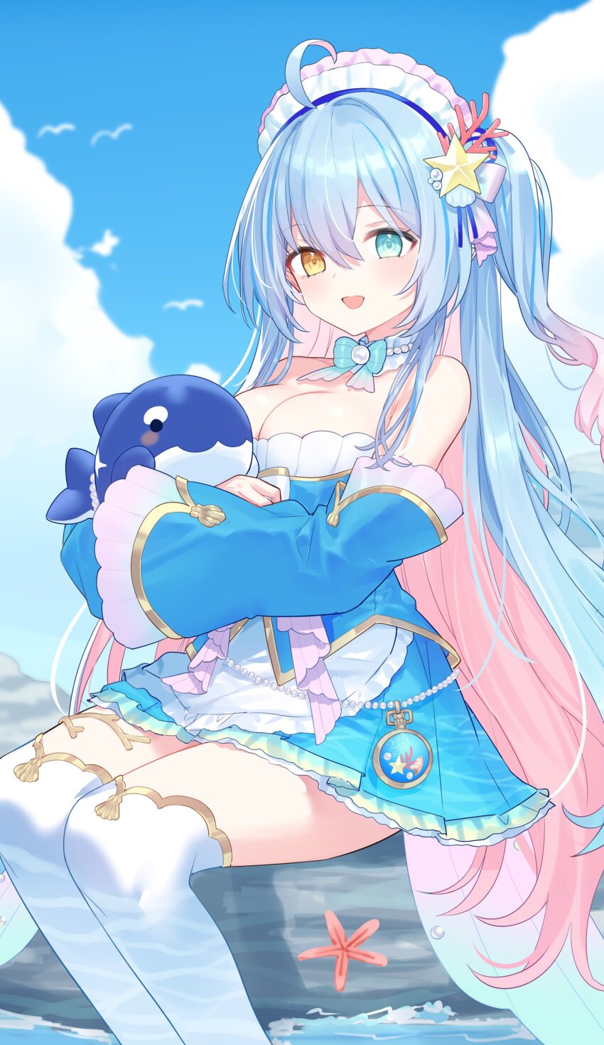 1girl, :d, absurdres, ahoge, aoi_minato_(vtuber), apron, bare_shoulders, blue_dress