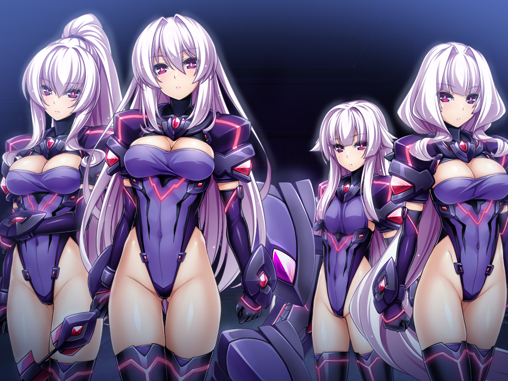 4girls, amakubo_yuri, armor, azarin_(kouyoku_senki_exs-tia), black_gloves, breasts, cleavage, cleavage_cutout