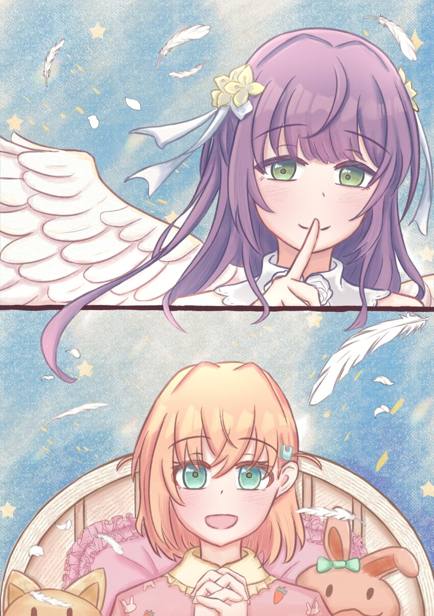 2girls, :d, absurdres, aged_down, angel, angel_wings, aqua_eyes, closed_mouth