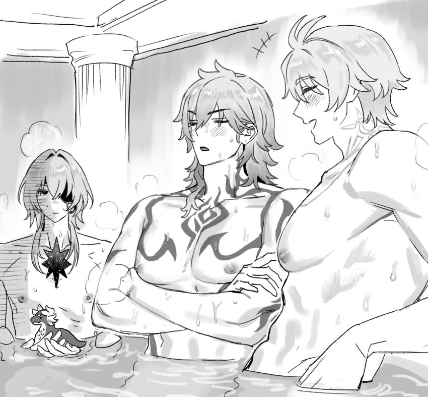 +++, 35684187031, 3boys, abs, anaxa_(honkai:_star_rail), blush, body_markings, broad_shoulders