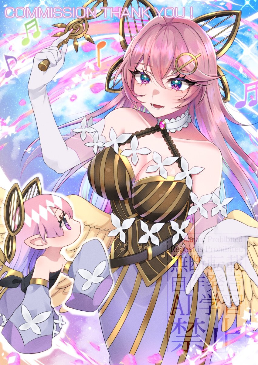 2girls, bare_shoulders, breasts, brown_dress, chibi, cleavage, collarbone, commentary