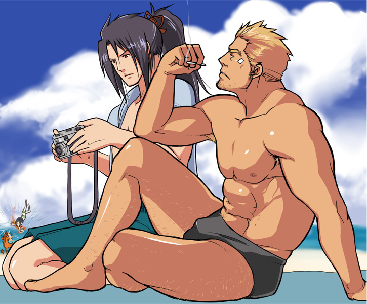 1girl, 3boys, armpit_hair, armpit_hair_peek, armpit_peek, bara, beach, beard_stubble, black_hair, black_male_swimwear, blonde_hair, blue_shirt, blue_shorts, blue_sky, bulge, camera, cid_highwind, cigarette, closed_mouth, cloud, cloudy_sky, facial_hair, final_fantasy, final_fantasy_vii, holding, holding_camera, holding_cigarette, kneeling, looking_at_object, looking_to_the_side, looking_up, magnum_feering, male_swimwear, multiple_boys, open_clothes, open_shirt, ponytail, red_fur, red_xiii, shirt, shorts, sitting, sky, smoking, stubble, vincent_valentine, yuffie_kisaragi