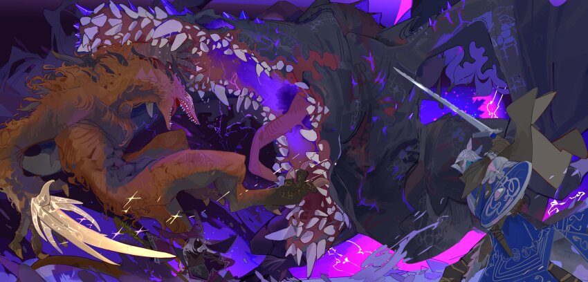 1girl, 1other, 2boys, absurdres, adel_(elden_ring), alternate_form, armor, black_skin, blue_surcoat, colored_skin, elden_ring, elden_ring_nightreign, executor_(elden_ring), hat, hat_over_one_eye, helmet, highres, large_hat, monster, multiple_boys, nslacka, purple_hat, purple_sleeves, recluse_(elden_ring), scale_armor, werewolf, winged_helmet, witch, witch_hat, wooden_staff, wylder_(elden_ring)