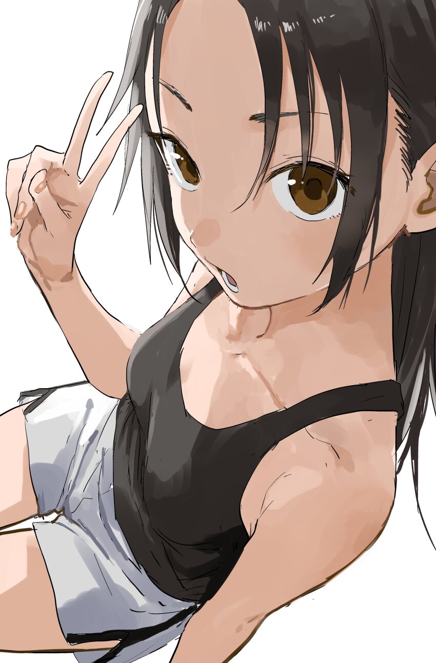1girl, absurdres, bare_arms, bare_shoulders, black_hair, black_tank_top, breasts, brown_eyes