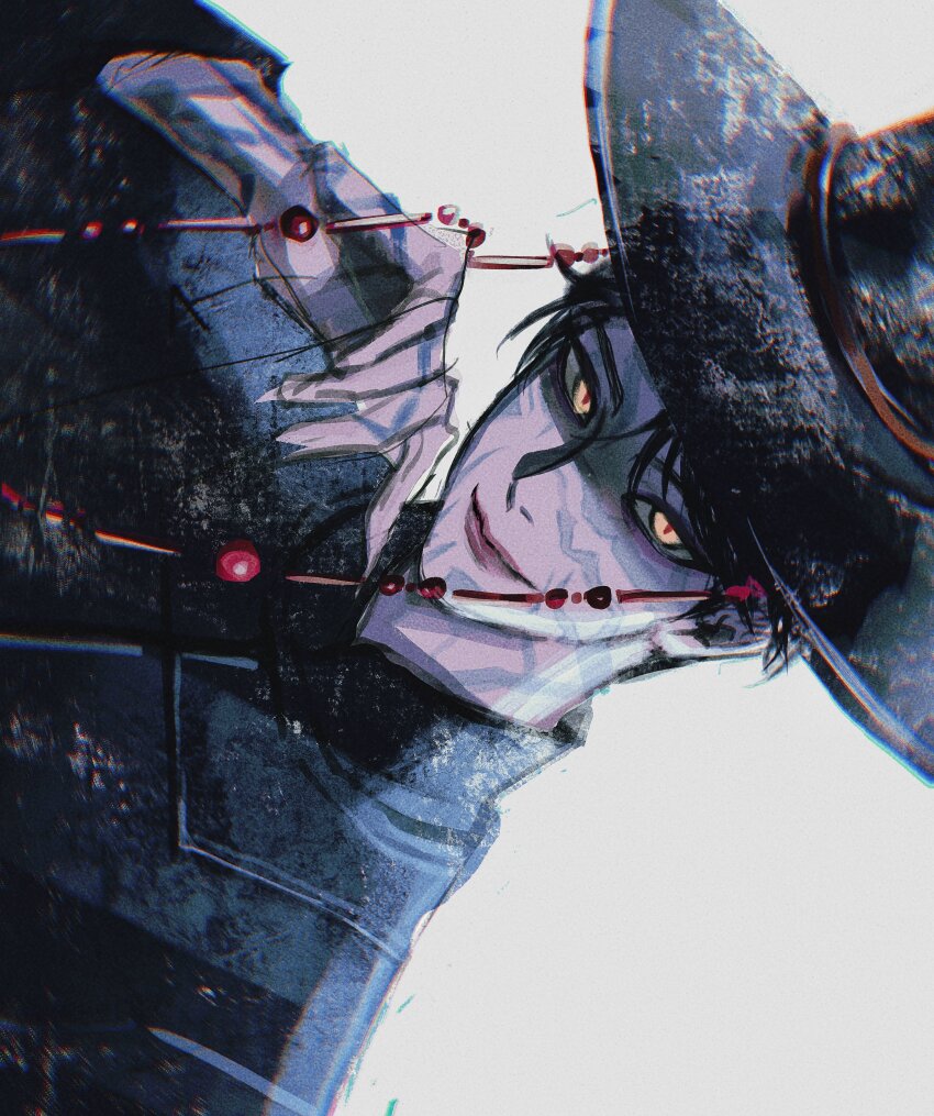 1boy, absurdres, arm_up, black_hanbok, black_hat, body_markings, closed_mouth, commentary, demon_boy, facial_mark, fingernails, gat_(hat), hanbok, hashtag-only_commentary, hat, highres, hyuuuuoo, jinu_(kpop_demon_hunters), korean_clothes, kpop_demon_hunters, looking_to_the_side, male_focus, sharp_fingernails, sideways, sideways_glance, slit_pupils, smile, solo, upper_body, white_background, yellow_eyes