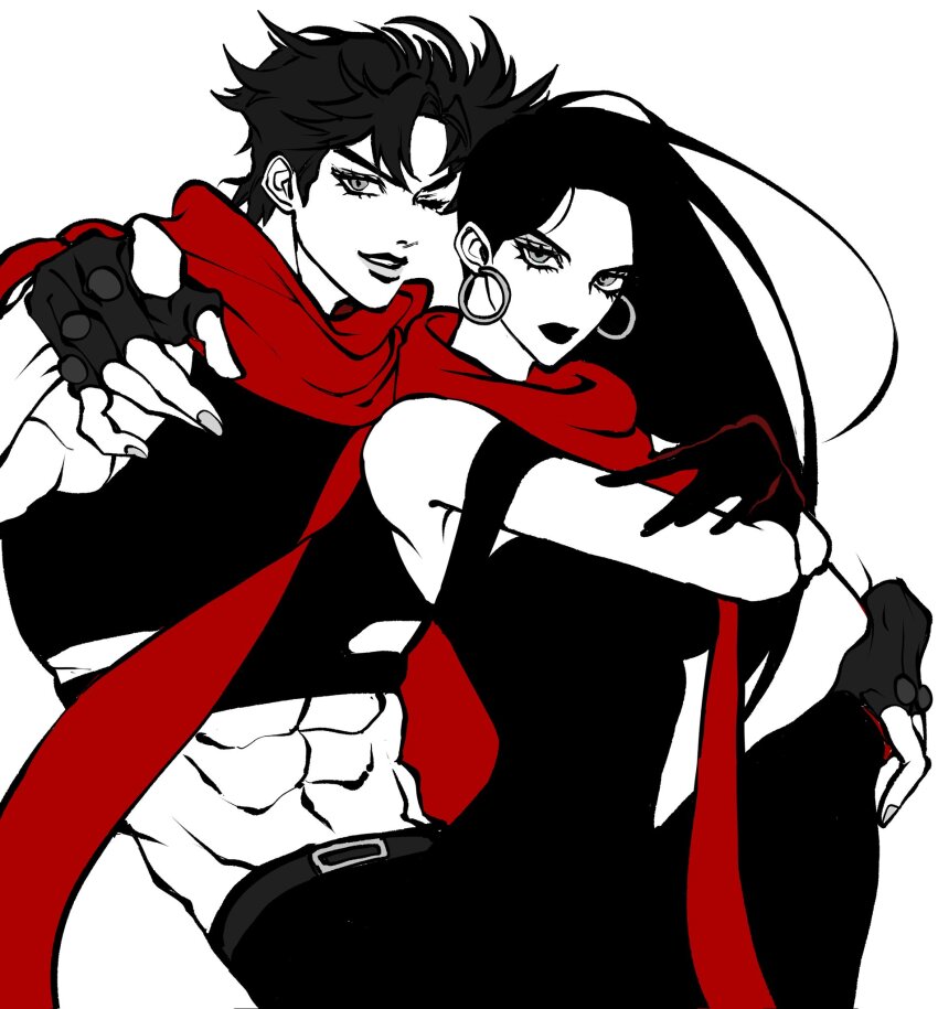 1boy, 1girl, abs, arm_around_shoulder, bare_shoulders, battle_tendency, belt, belt_buckle