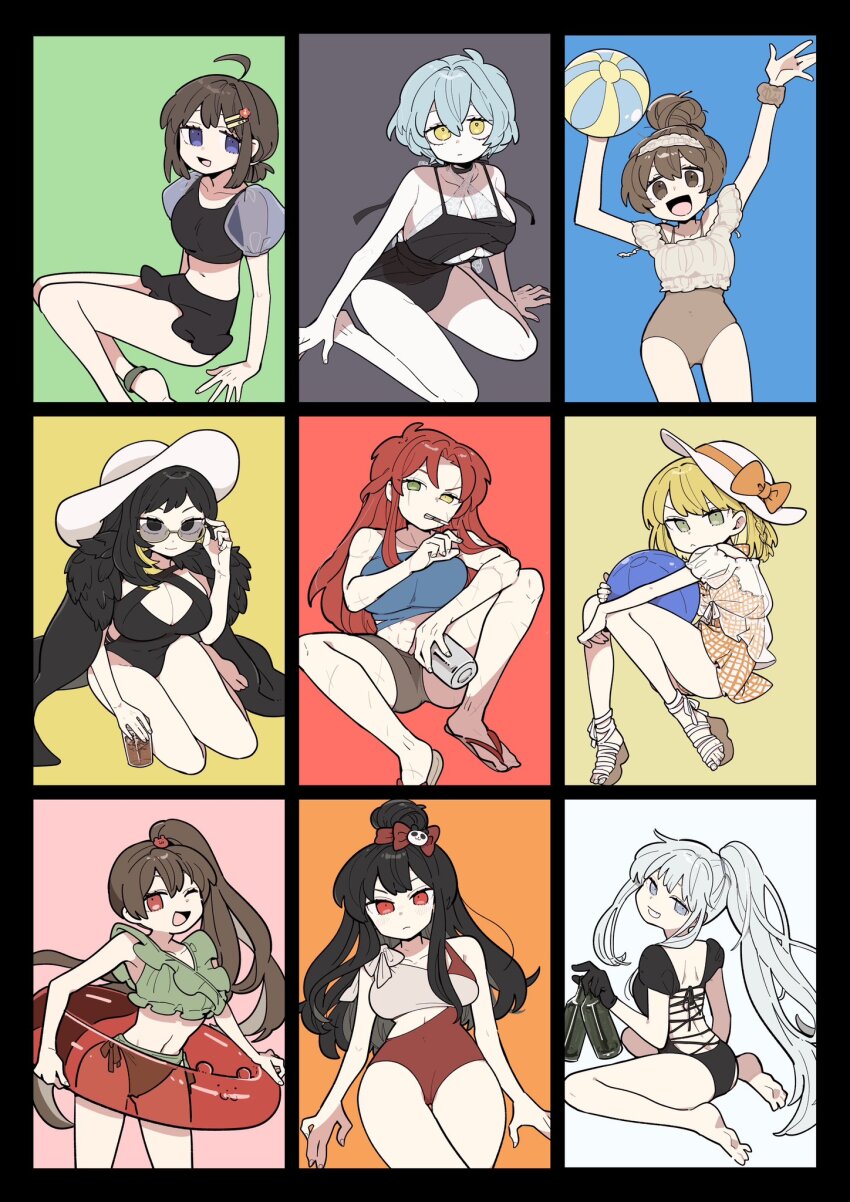 6+girls, angela_(project_moon), angelica_(project_moon), bikini, binah_(project_moon), black_bikini, black_eyes, black_hair, black_one-piece_swimsuit, blonde_hair, blue_hair, braid, breasts, brown_hair, carmen_(project_moon), cleavage, closed_mouth, gebura_(project_moon), grin, hair_bun, hat, high_ponytail, highres, hod_(project_moon), kojocho05, large_breasts, library_of_ruina, long_hair, looking_at_viewer, malkuth_(project_moon), medium_breasts, medium_hair, multiple_girls, one-piece_swimsuit, parted_bangs, ponytail, project_moon, red_eyes, red_hair, sandals, short_hair, side_braid, side_ponytail, sidelocks, smile, sun_hat, swimsuit, tiphereth_a_(project_moon), very_long_hair, white_hair, white_hat, xiao_(project_moon)