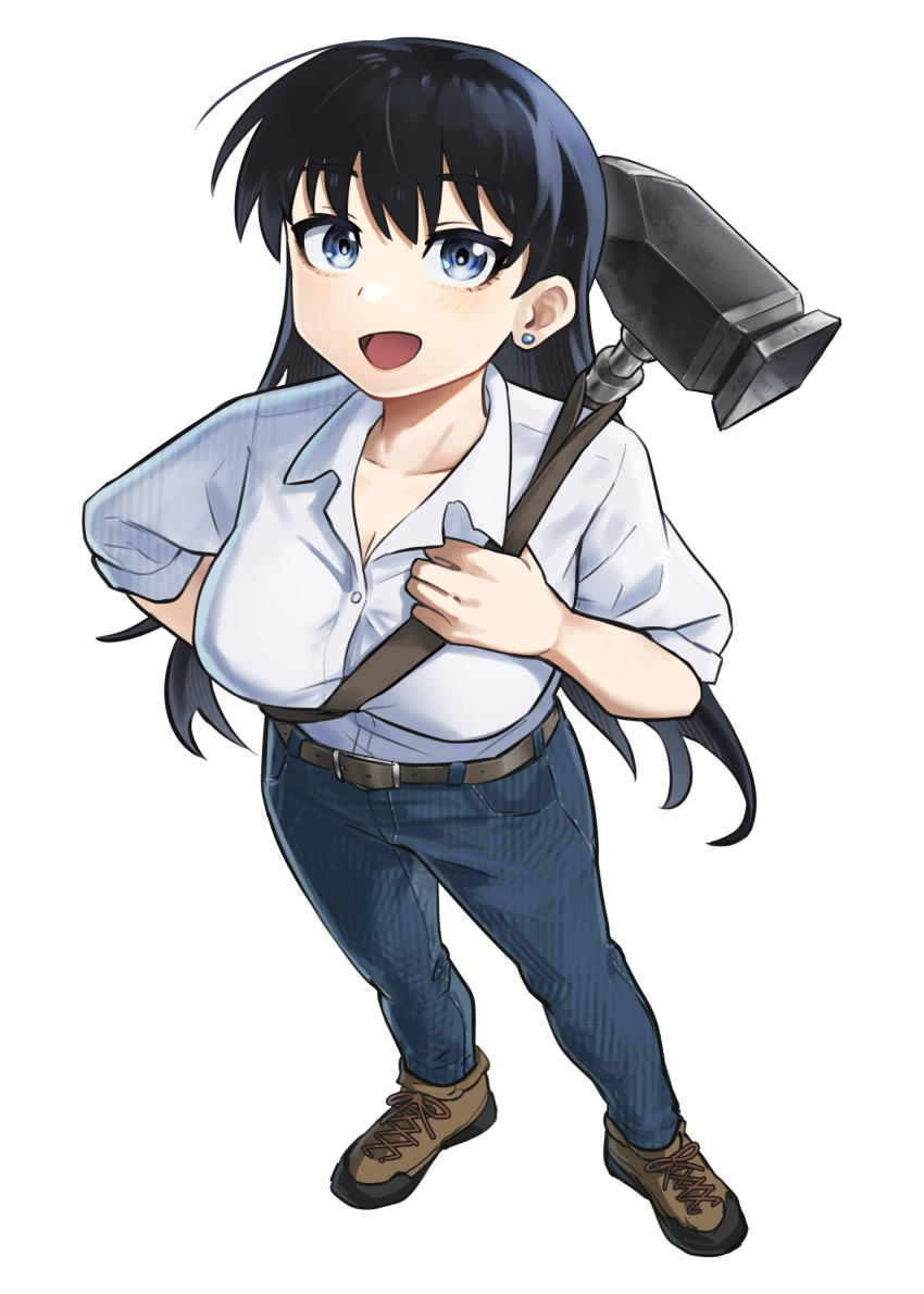 1girl, :d, absurdres, aiv, arato_nagi, belt, black_hair, blue_eyes, blue_pants, breasts, brown_shoes, cleavage, collarbone, collared_shirt, denim, ear_piercing, full_body, hammer, highres, jeans, large_breasts, long_hair, looking_at_viewer, open_mouth, pants, piercing, ruri_no_houseki, shirt, shoes, simple_background, sleeves_rolled_up, smile, solo, standing, white_background, white_shirt