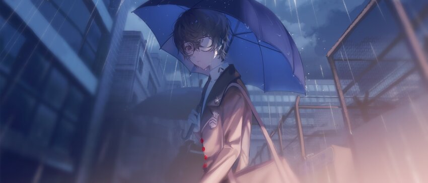 1boy, amamiya_ren, bag, black_jacket, building, chain-link_fence, closed_mouth, cloud