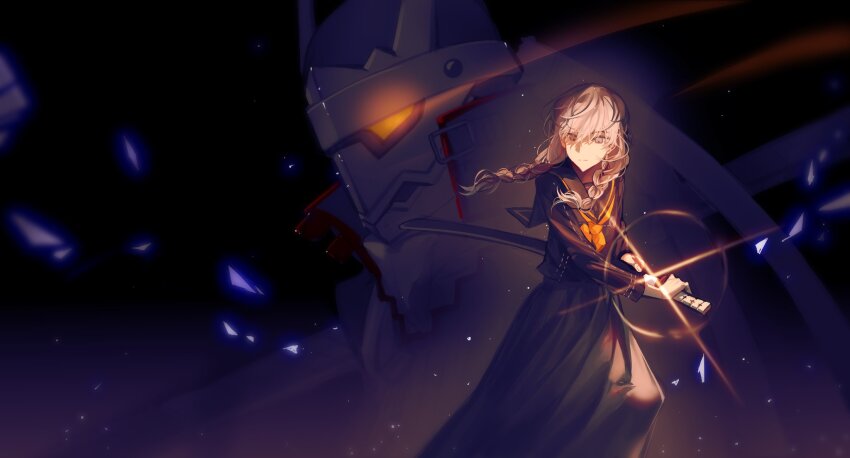 1boy, black_sailor_collar, black_shirt, black_skirt, braid, closed_mouth, crossdressing, grey_eyes, grey_hair, highres, illowine, izanagi_(persona_4), long_hair, long_skirt, long_sleeves, low_twin_braids, narukami_yu, neckerchief, persona, persona_4, sailor_collar, school_uniform, sheath, shirt, skirt, solo, twin_braids, unsheathing, yasogami_school_uniform, yellow_neckerchief