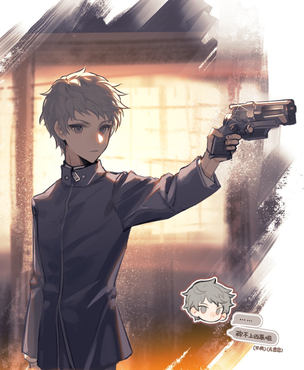 1boy, aiming, arm_up, black_jacket, chinese_text, closed_mouth, cowboy_shot, grey_eyes