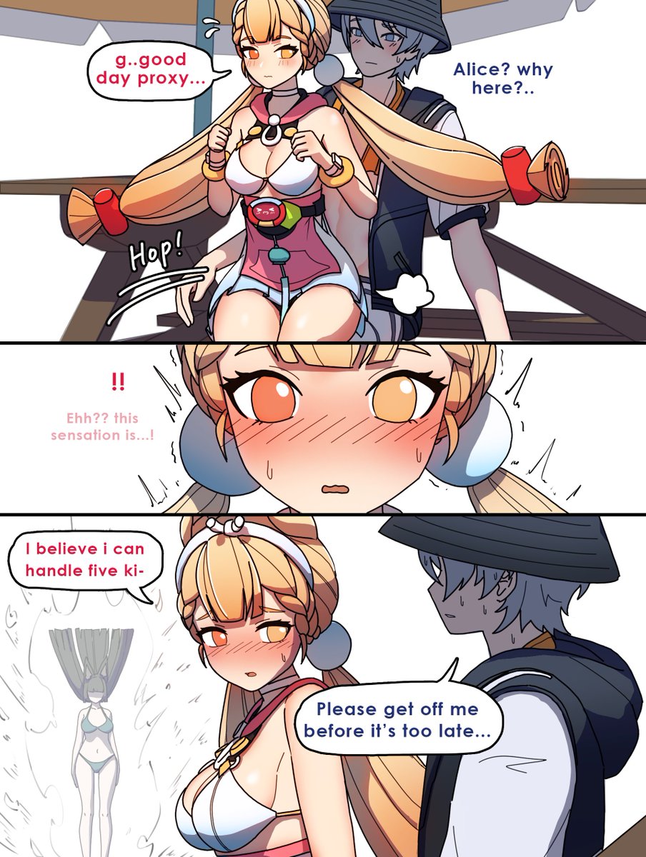 !, !!, 1boy, 2girls, alice_thymefield, alice_thymefield_(sea_of_thyme), animal_ears, bikini