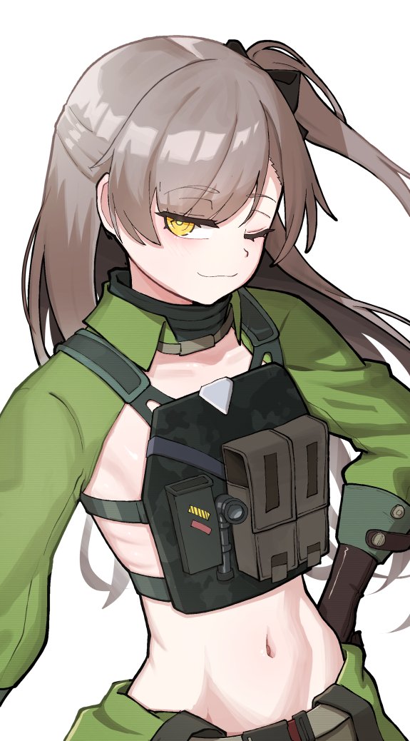 1girl, balthilde_(girls'_frontline_2), balthilde_(girls'_frontline_2)_(cosplay), black_bow, bow, brown_hair, bulletproof_vest, closed_mouth