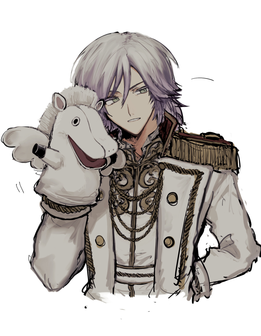 1boy, alternate_form, arm_behind_back, buttons, commentary_request, double-breasted, dragon_quest, dragon_quest_x, epaulettes, formal_clothes, galapagod, green_eyes, grin, hand_puppet, highres, jacket, looking_to_the_side, male_focus, medium_hair, motion_lines, puppet, sato_sio_(si00x), shirt, smile, solo, upper_body, white_background, white_hair, white_jacket, white_shirt