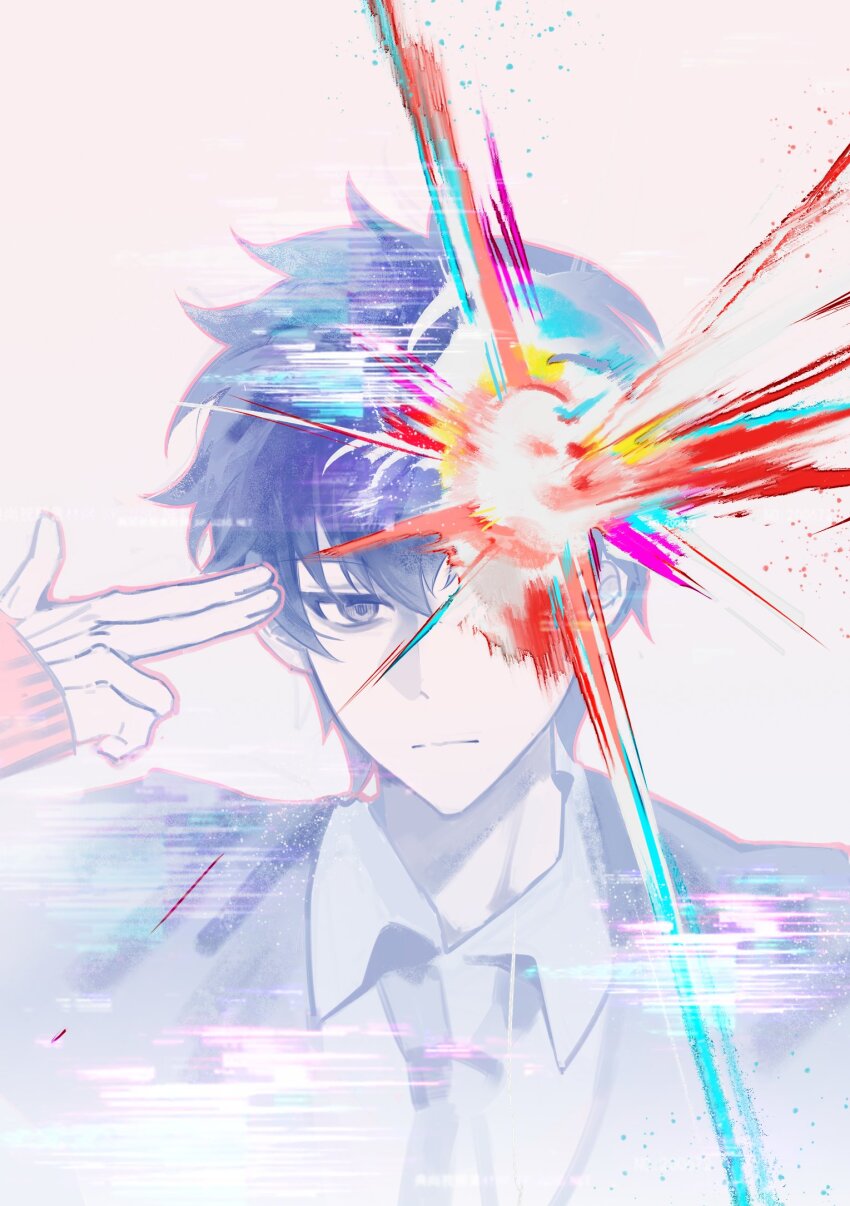 1boy, ai_the_somnium_files, ai_the_somnium_files:_nirvana_initiative, black_eyes, black_hair, closed_mouth, collared_shirt, finger_gun