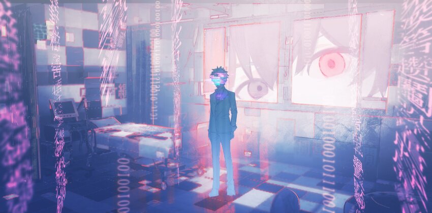 1boy, ai_the_somnium_files, ai_the_somnium_files:_nirvana_initiative, bed, binary, black_eyes, black_hair, black_jacket