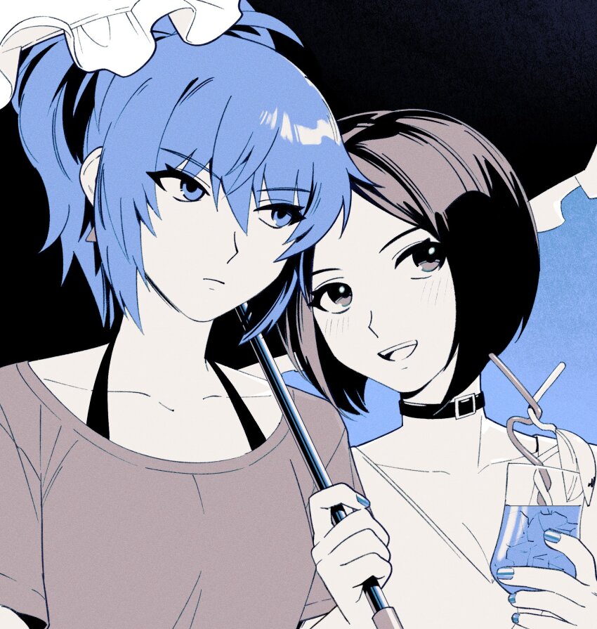 00a3af_231, 2girls, black_choker, blue_eyes, blue_hair, brown_eyes, brown_hair, choker