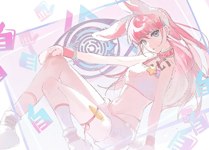 1girl, ai_the_somnium_files, animal_ears, blue_eyes, choker, feet_out_of_frame, full_body, illowine, knees_up, looking_at_viewer, no_sleep_for_kaname_date, pink_choker, rabbit_ears, sagan_iris, shorts, simple_background, solo, tattoo, white_background, white_hair, white_shorts