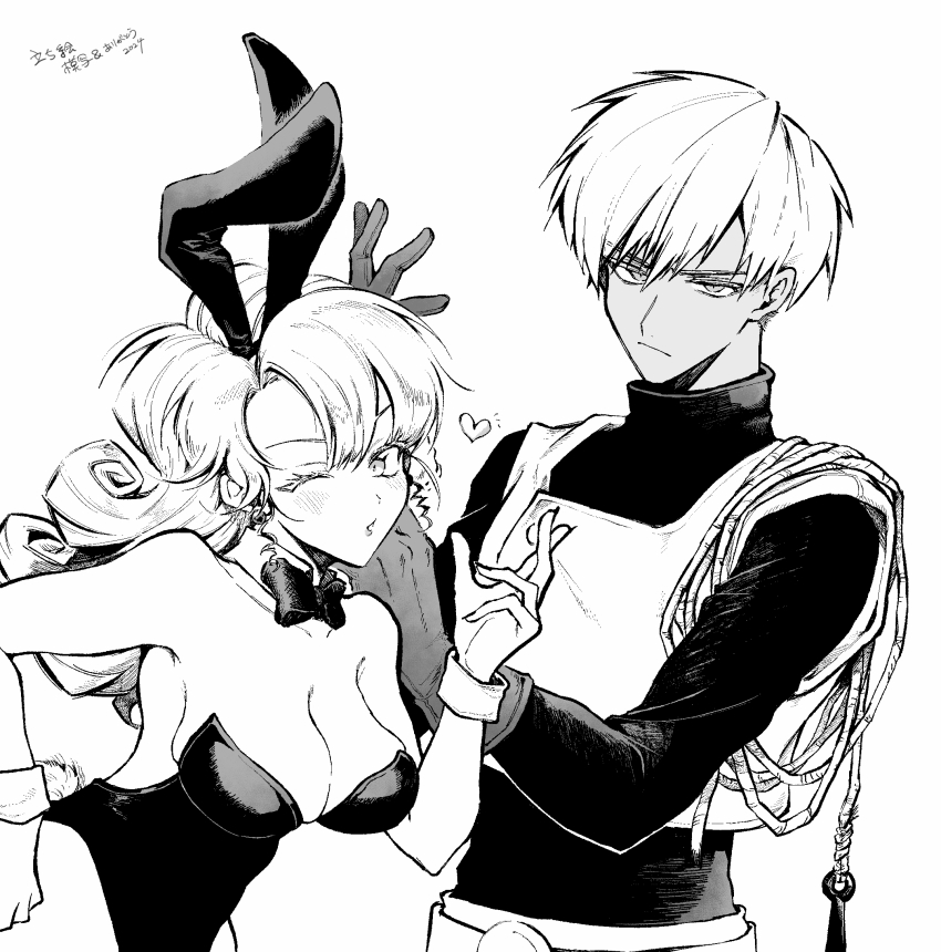 1boy, 1girl, adjusting_clothes, adjusting_gloves, animal_ears, blowing_kiss, bow, bowtie